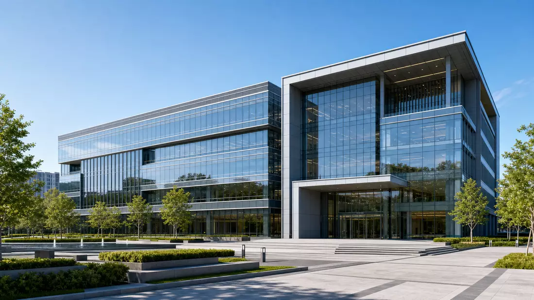 3D-Architekturvisualisierung eines modernen Glas-Bürogebäudes bei Tageslicht