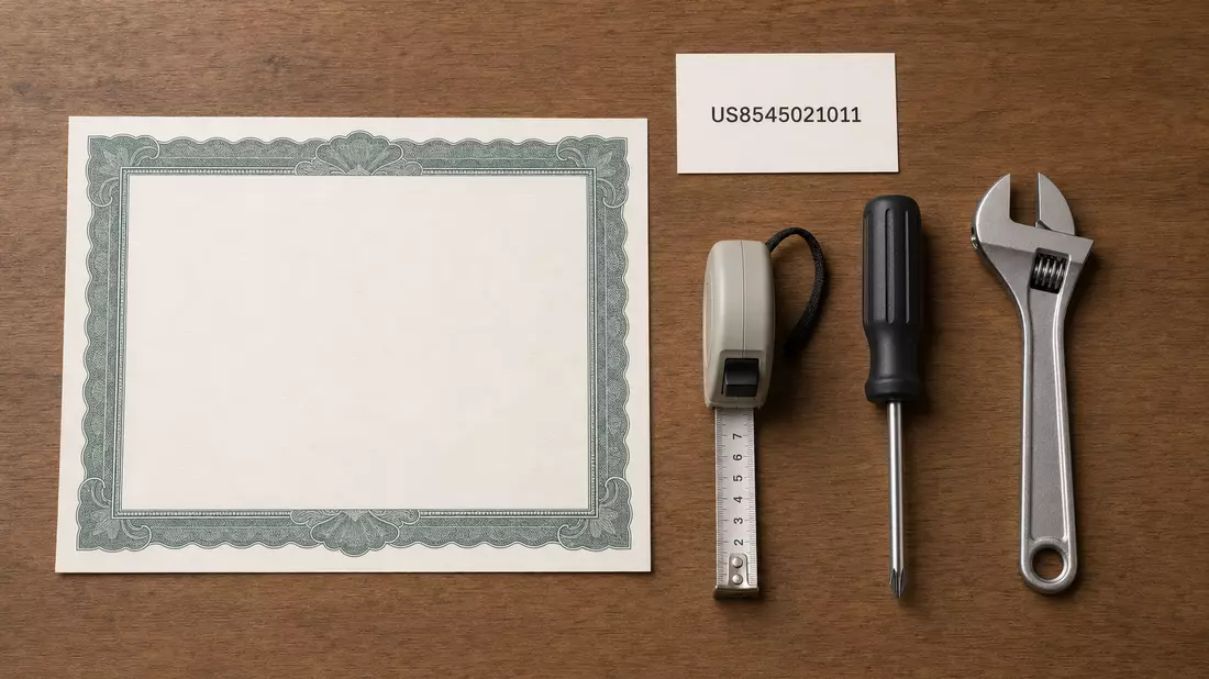 Flatlay mit Aktienzertifikat, ISIN-Karte und Handwerkzeugen von oben fotografiert
