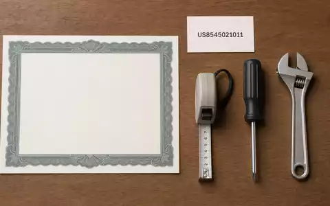 Flatlay-Arrangement kombiniert Aktienzertifikat und ISIN-Karte fĂŒr Stanley Black & Decker (US8545021011) mit Werkzeug - Foto: THN