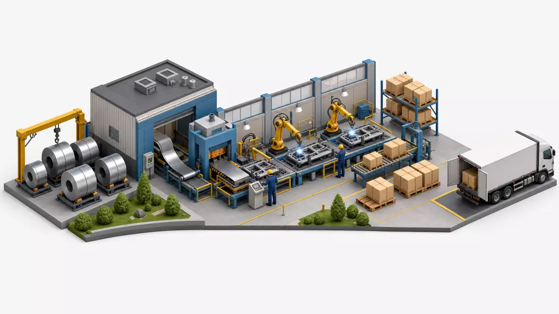 Isometrische 3D-Illustration einer Produktionskette von Metall zu Werkzeug