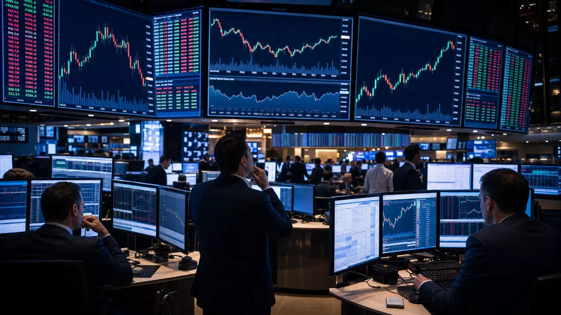 Trading-Floor mit Kursbildschirmen und abstrakten Industrie-Charts im Hintergrund