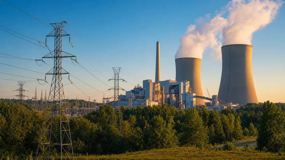 Fotorealistisches Kraftwerk mit Kühltürmen und Strommasten bei Sonnenuntergang