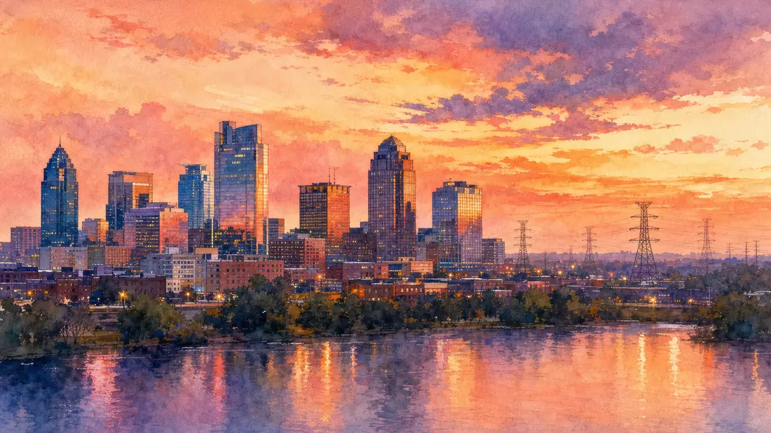 Aquarellmalerei einer Stadtskyline mit Strommasten im Abendlicht