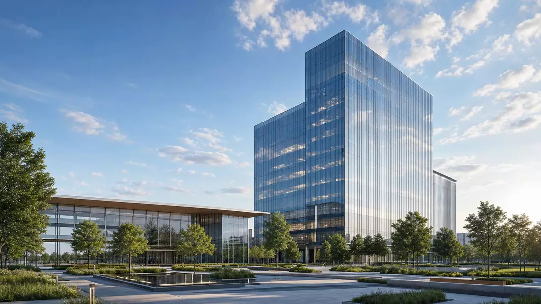 Architektur-Render eines modernen verglasten Bürohochhauses mit Grünanlage