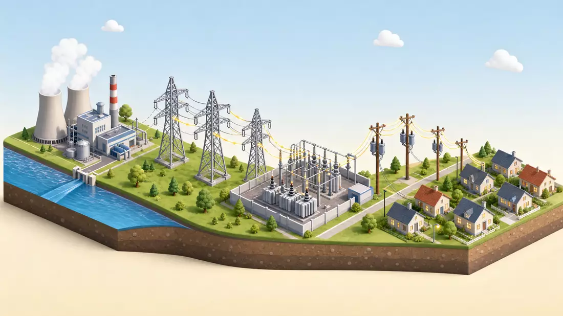 Isometrisches 3D-Diagramm der Stromwertschöpfungskette vom Kraftwerk bis zum Haus