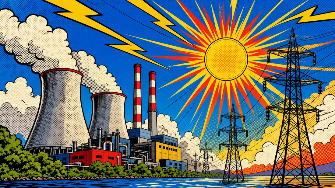 Pop-Art-Comic-Illustration eines Kraftwerks mit Strommasten und Sonnenstrahlen