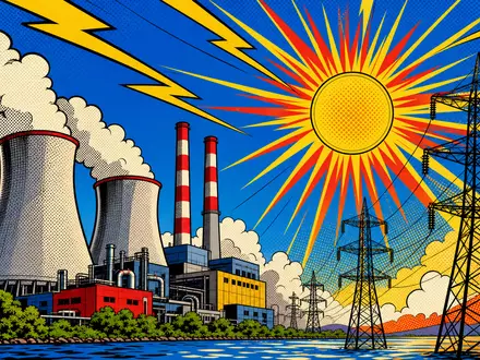 Southern Company US8425871071 prÀsentiert eine farbenfrohe Pop-Art-Comic-Szene mit Kraftwerk und Strommasten unter Sonne - Foto: THN