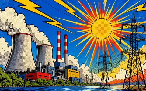 Southern Company US8425871071 prÀsentiert eine farbenfrohe Pop-Art-Comic-Szene mit Kraftwerk und Strommasten unter Sonne - Foto: THN
