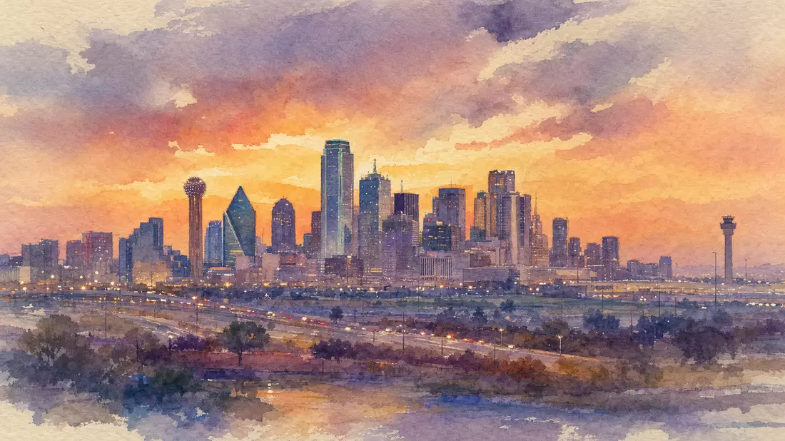 Aquarellgemälde der Dallas-Skyline unter weiten texanischen Himmel