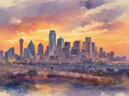 Southwest Airlines Heimatstadt Dallas Texas Skyline als farbige Aquarellmalerei dargestellt ISIN US8447411088 - Foto: THN