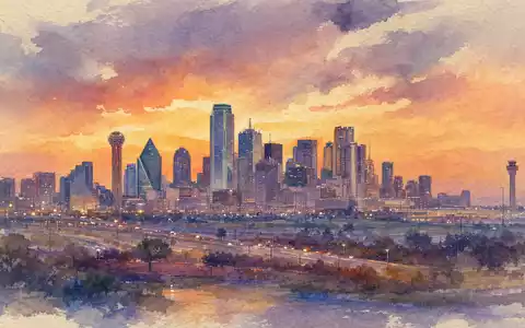 Southwest Airlines Heimatstadt Dallas Texas Skyline als farbige Aquarellmalerei dargestellt ISIN US8447411088 - Foto: THN