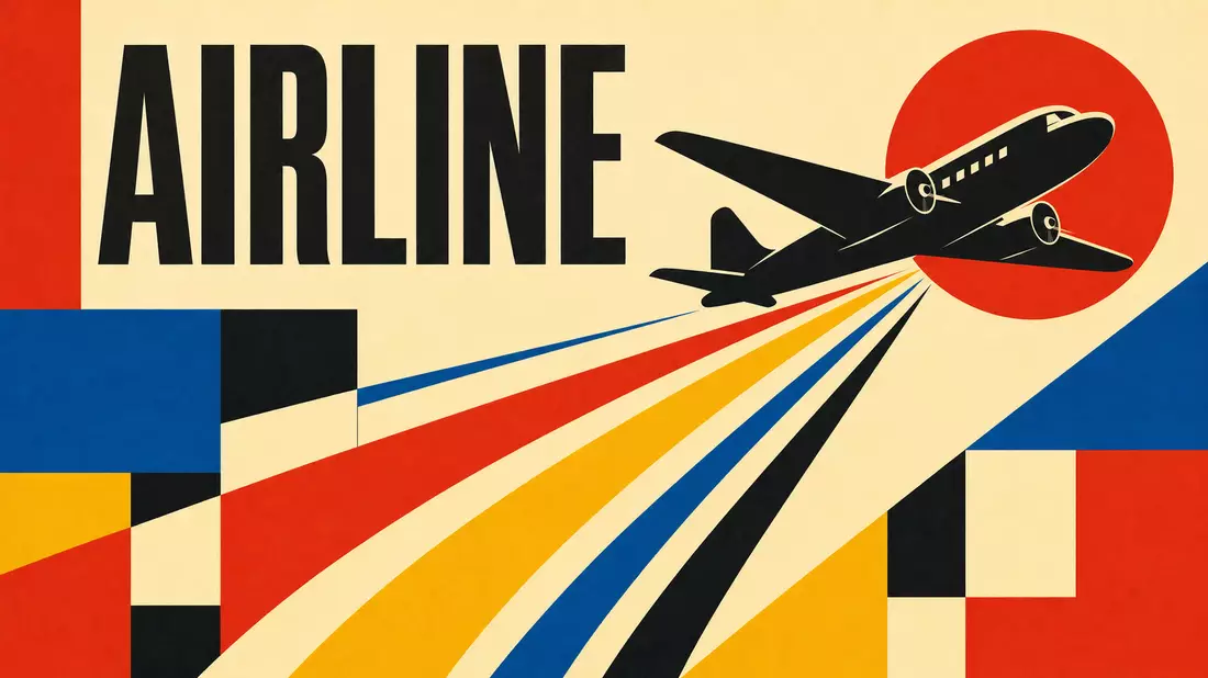Bauhaus-Grafikposter AIRLINE mit geometrischer Flugzeugsilhouette in Primärfarben