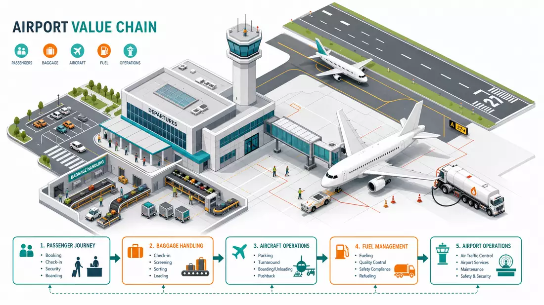 Isometrische 3D-Illustration eines Flughafens mit Terminal, Gepäck und Flugzeug