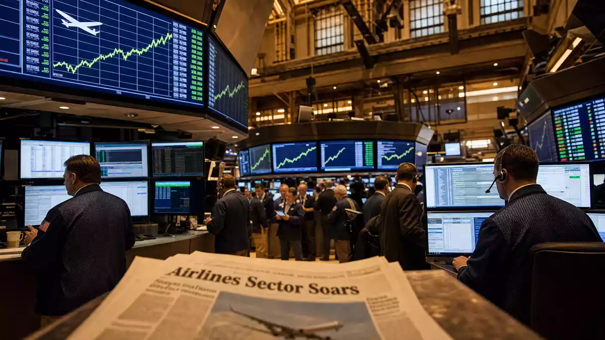 NYSE-Börsenparkett mit Händlern und Luftfahrt-Sektor-Kursdiagrammen auf Bildschirmen