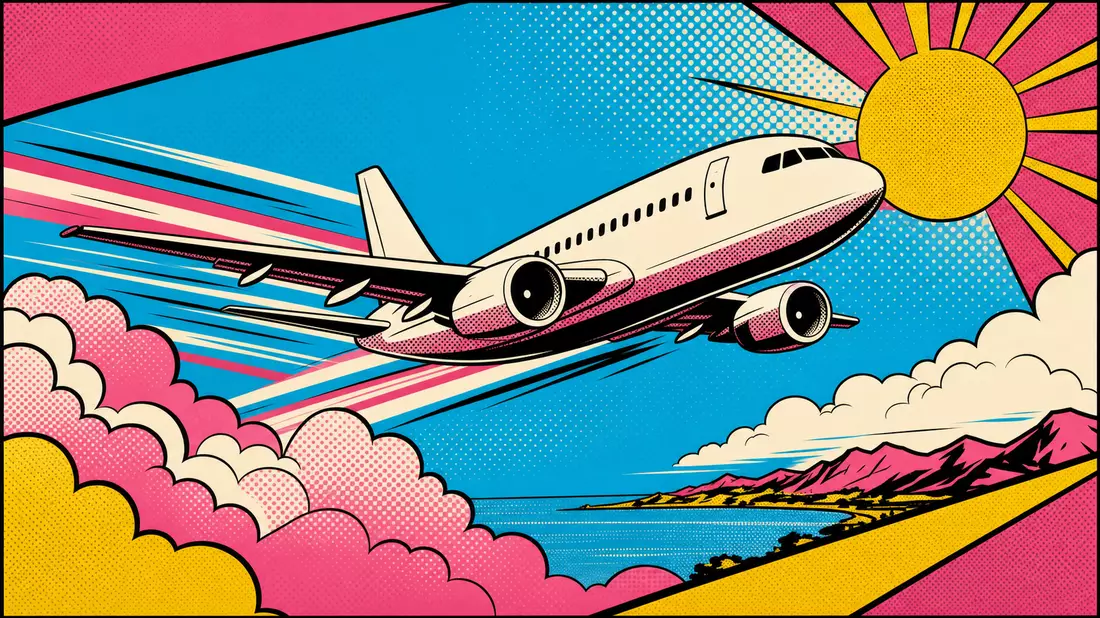 Retro-Pop-Art-Comicbild eines fliegenden weißen Flugzeugs über Wolken