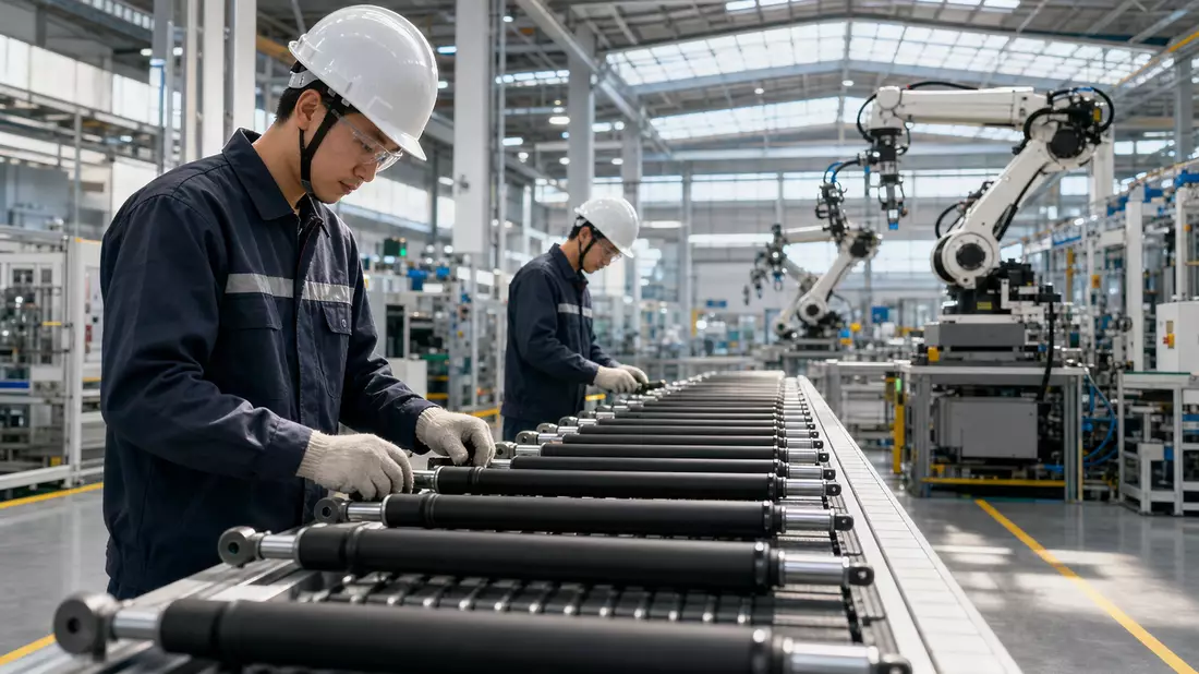 Fabrikarbeiter montieren zylindrische Gasfeder-Bauteile neben Robotern in heller Industriehalle