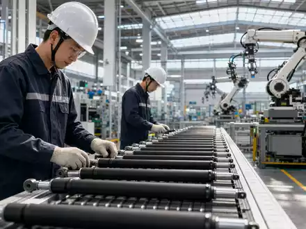 Stabilus SE DE000STAB1L8: Arbeiter montieren Gasfedern-Komponenten in einer modernen Fabrikhalle neben Industrierobotern - Foto: THN