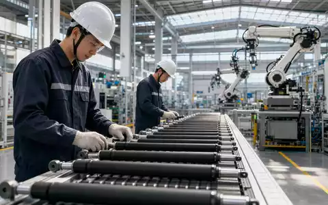Stabilus SE DE000STAB1L8: Arbeiter montieren Gasfedern-Komponenten in einer modernen Fabrikhalle neben Industrierobotern - Foto: THN