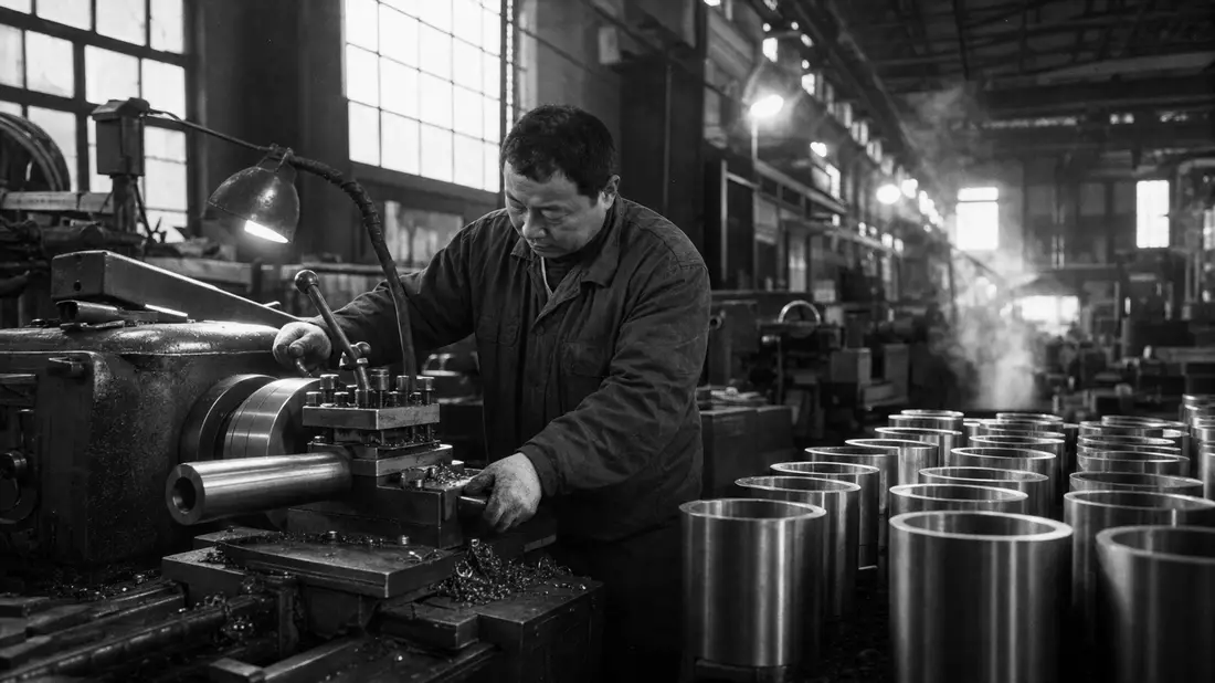 Schwarzweißfoto eines Facharbeiters an einer Drehmaschine mit fertigen Metallzylindern im Vordergrund