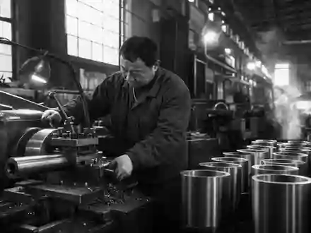 Stabilus SE DE000STAB1L8: Schwarzweiß-Reportage zeigt einen Facharbeiter an der Drehmaschine in traditionsreicher Metallfabrik - Foto: THN