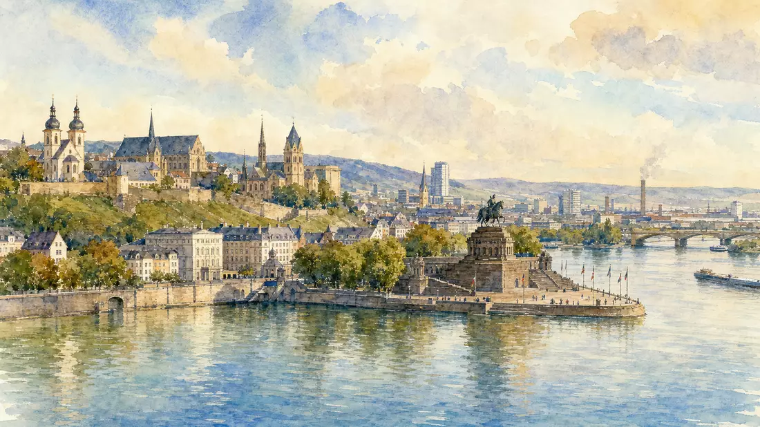 Aquarellgemälde der Koblenzer Altstadt und des Rheinufers mit Denkmal am Deutschen Eck