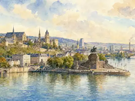 Stabilus SE DE000STAB1L8: Aquarellmalerei zeigt die Stadt Koblenz am Rheinufer mit historischer Architektur - Foto: THN
