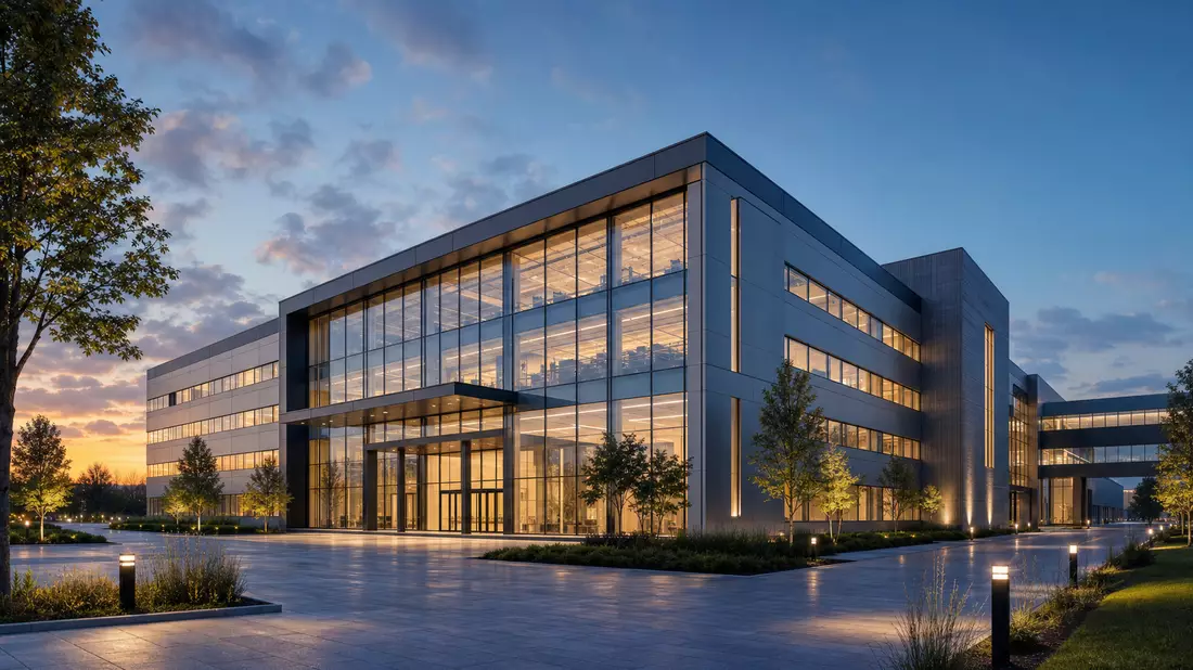 Architektonisches 3D-Render eines modernen Bürogebäudes mit beleuchteter Glasfassade bei Dämmerung