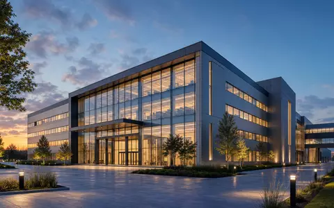 Stabilus SE DE000STAB1L8: Architektur-Render zeigt einen modernen Firmensitz mit Glasfassade in warmer Abenddämmerung - Foto: THN