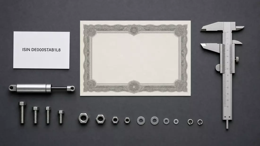 Flatlay mit Aktienzertifikat, ISIN-Karte, Gasfederkolben und Messschieber auf grauem Untergrund