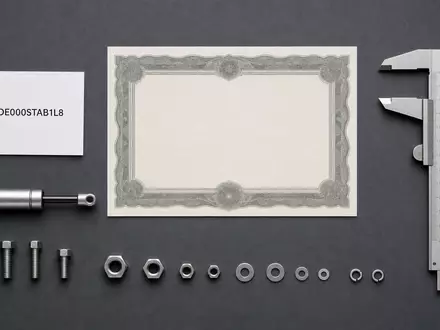 Stabilus SE DE000STAB1L8: Flatlay zeigt Aktienzertifikat, ISIN-Karte, Gasfeder-Bauteil und technisches Werkzeug arrangiert - Foto: THN