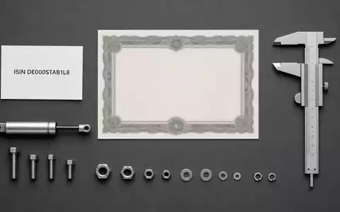 Stabilus SE DE000STAB1L8: Flatlay zeigt Aktienzertifikat, ISIN-Karte, Gasfeder-Bauteil und technisches Werkzeug arrangiert - Foto: THN
