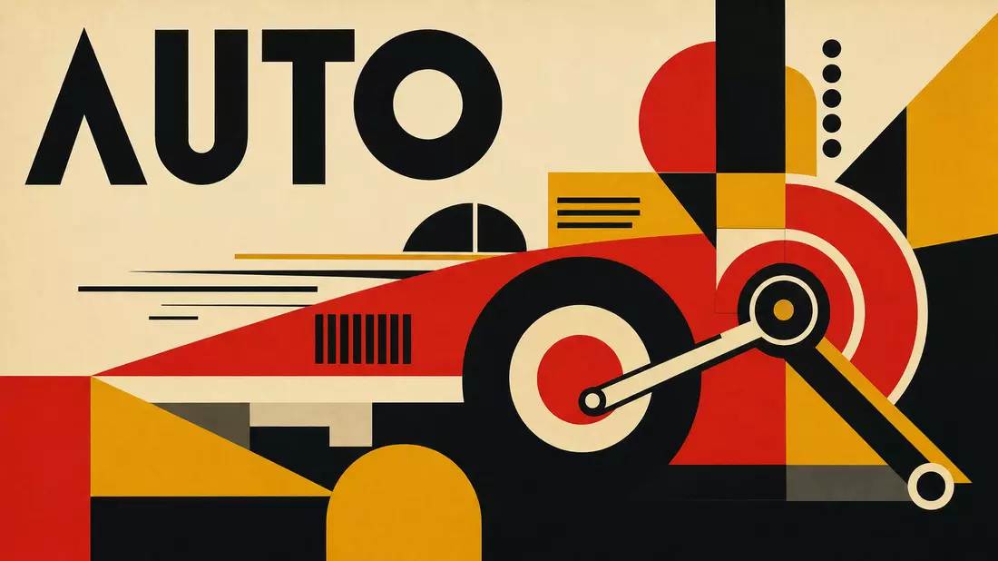 Bauhaus-inspiriertes Poster mit geometrischen Formen, Rad-Motiv und dem Wort AUTO in Schwarz-Rot-Gelb