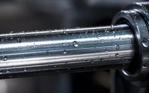 Stabilus SE DE000STAB1L8: Makroaufnahme zeigt eine polierte Stahlkolbenstange mit feinen Wassertropfen in extremer Nahaufnahme - Foto: THN