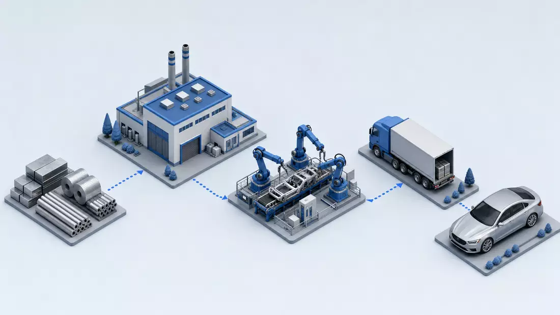 Isometrische 3D-Illustration der Lieferkette von Rohmaterial über Fabrik bis zum Fahrzeug