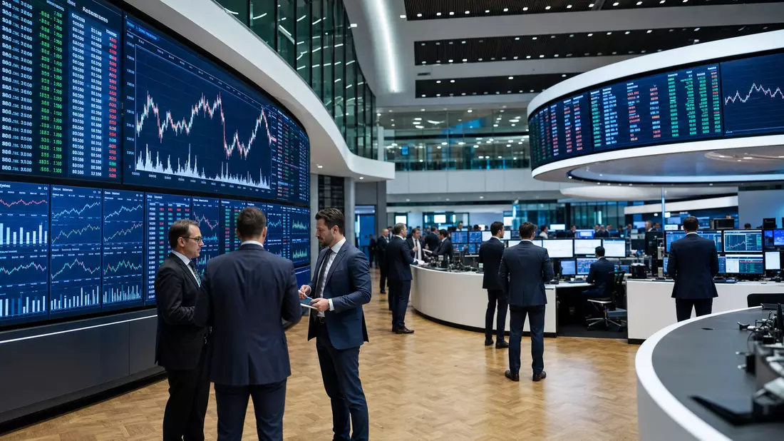 Trading-Floor der Frankfurter Börse mit großen Bildschirmen und abstrakten Aktienkursverläufen