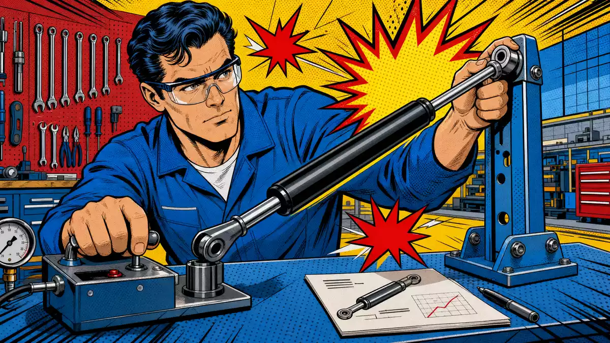 Bunte Comic-Illustration eines Ingenieurs, der eine Gasfeder in einer Werkstatt testet
