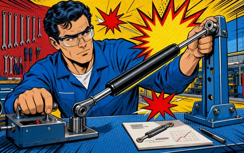 Stabilus SE DE000STAB1L8: Pop-Art-Comic zeigt einen Ingenieur beim Testen einer mechanischen Gasfeder in bunter Werkstatt - Foto: THN
