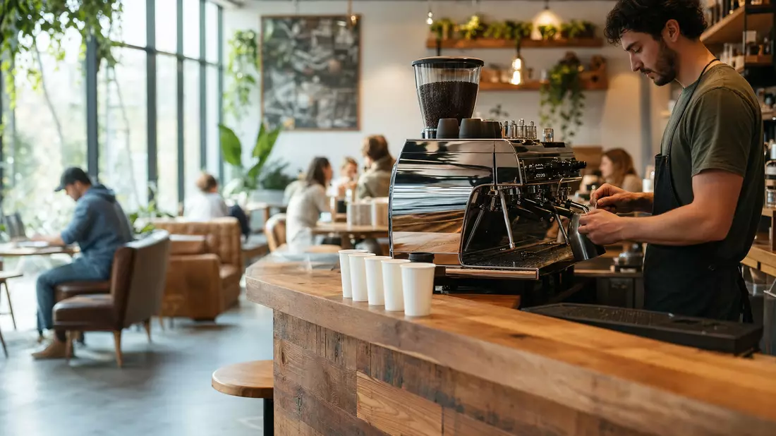 Fotorealistisches modernes Kaffeehaus mit Barista an der Espressomaschine und weißen Bechern