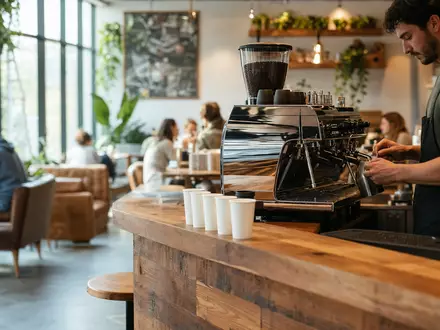 Starbucks Corp. US8552441094 zeigt fotorealistische Kaffeehaus-Szene mit Barista und weißen Bechern am Tresen - Foto: THN
