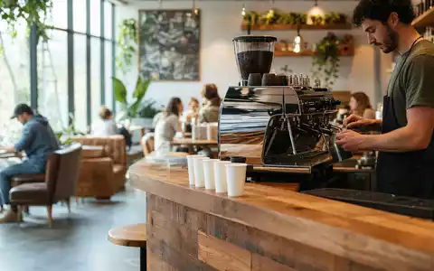 Starbucks Corp. US8552441094 zeigt fotorealistische Kaffeehaus-Szene mit Barista und weißen Bechern am Tresen - Foto: THN