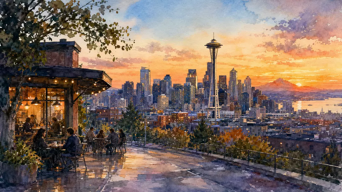 Aquarellmalerei der Seattle Skyline mit Space Needle und Café-Terrasse im Sonnenuntergang