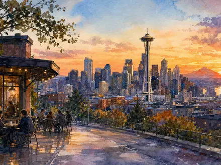 Starbucks Corp. US8552441094 präsentiert stimmungsvolles Aquarell-Gemälde der Seattle Skyline mit Café-Terrasse bei Sonnenuntergang - Foto: THN