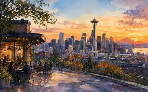 Starbucks Corp. US8552441094 präsentiert stimmungsvolles Aquarell-Gemälde der Seattle Skyline mit Café-Terrasse bei Sonnenuntergang - Foto: THN