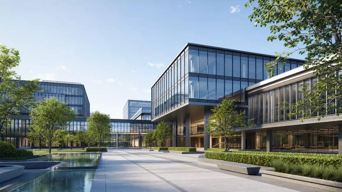 Modernes Architektur-Rendering eines Firmencampus mit Glasfassade und begrünter Außenanlage