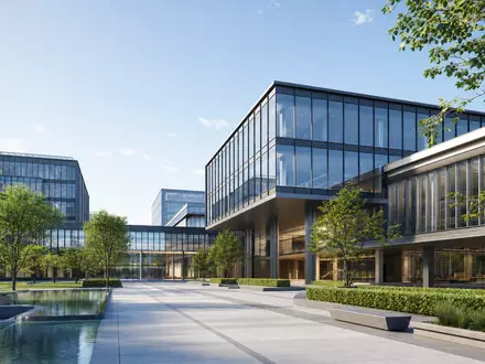 Starbucks Corp. US8552441094 zeigt architektonisches 3D-Render eines modernen Unternehmenscampus mit Glasfassaden und Grünanlagen - Foto: THN