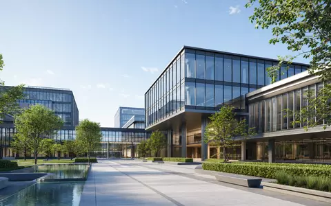 Starbucks Corp. US8552441094 zeigt architektonisches 3D-Render eines modernen Unternehmenscampus mit Glasfassaden und Grünanlagen - Foto: THN