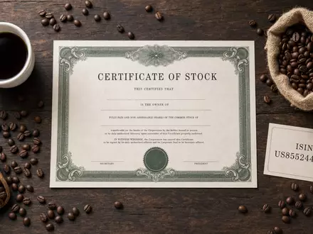 Starbucks Corp. US8552441094 illustriert stilvolles Flatlay-Arrangement mit Aktienzertifikat, ISIN-Karte und diversen Kaffeebohnen-Utensilien - Foto: THN