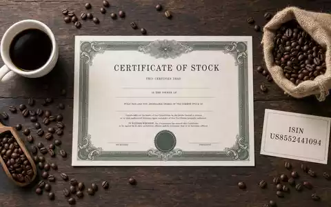Starbucks Corp. US8552441094 illustriert stilvolles Flatlay-Arrangement mit Aktienzertifikat, ISIN-Karte und diversen Kaffeebohnen-Utensilien - Foto: THN