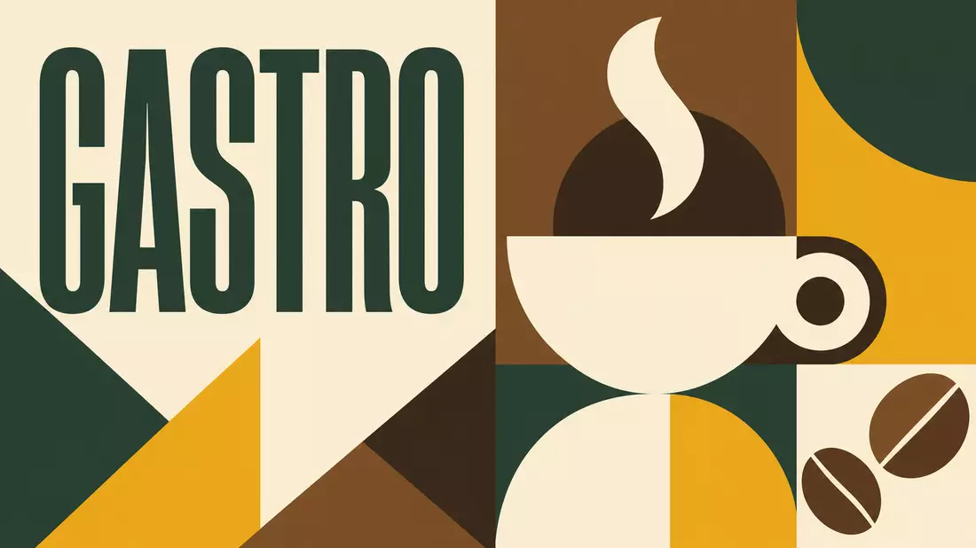 Geometrisches Bauhaus-Poster mit stilisierter Kaffeetasse und Schriftzug GASTRO