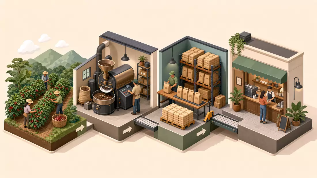 Isometrische 3D-Grafik der Kaffee-Wertschöpfungskette von Farm über Röstung bis Café